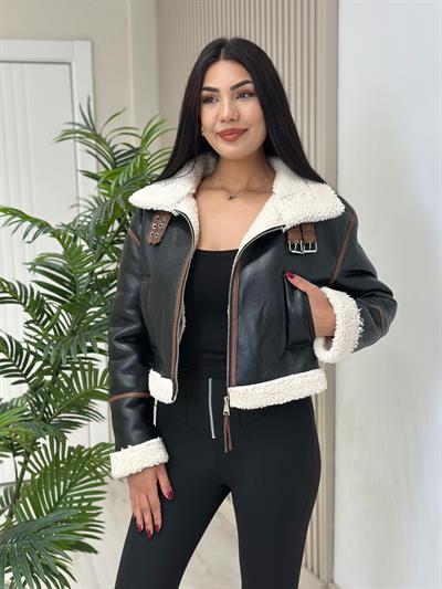 İçi Teddy Deri Mont Siyah