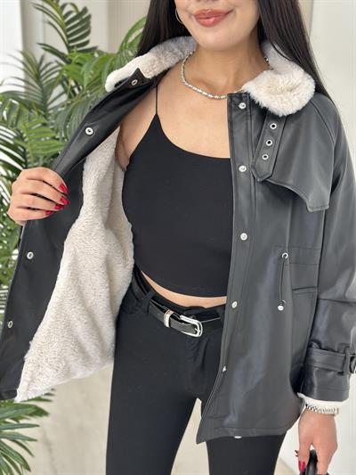 İçi Yakası Peluş Beli Büzgülü Deri Mont Siyah