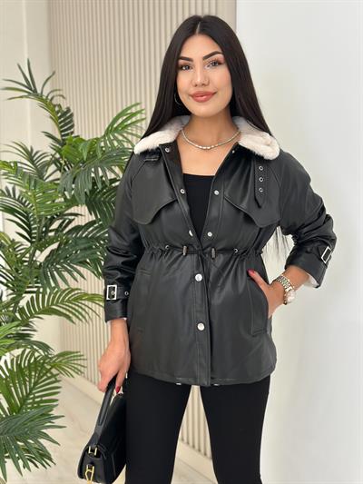 İçi Yakası Peluş Beli Büzgülü Deri Mont Siyah