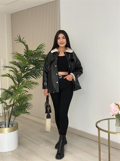 İçi Yakası Peluş Beli Büzgülü Deri Mont Siyah