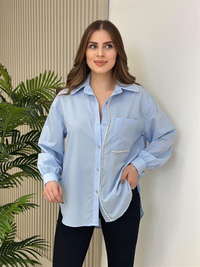 İnci Detaylı Poplin Kumaş Gömlek Bebe Mavi