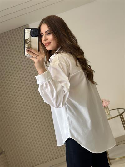 İnci Detaylı Poplin Kumaş Gömlek Beyaz