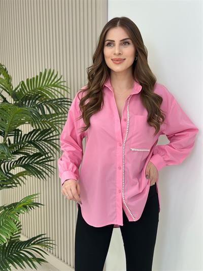 İnci Detaylı Poplin Kumaş Gömlek Pembe