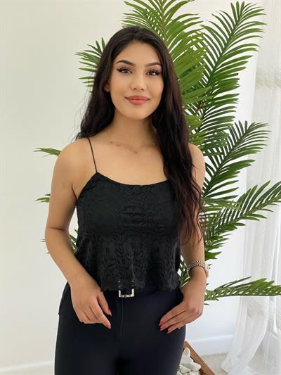 İp Askılı Güpürlü Crop Siyah