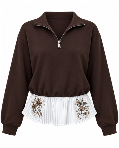 İşleme Detaylı Yakası Fermuarlı Sweatshirt Kahve