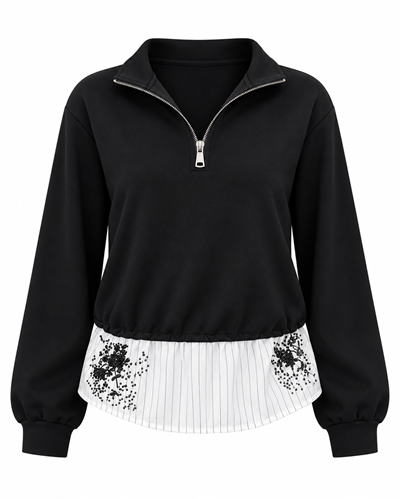 İşleme Detaylı Yakası Fermuarlı Sweatshirt Siyah
