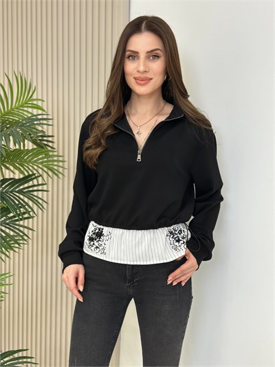 İşleme Detaylı Yakası Fermuarlı Sweatshirt Siyah