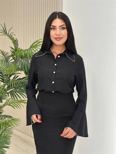 İspanyol Kol Krep Kumaş Gömlek Siyah