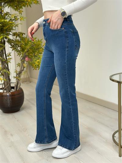 İspanyol Paça Likralı Yüksek Bel Jean  Mavi