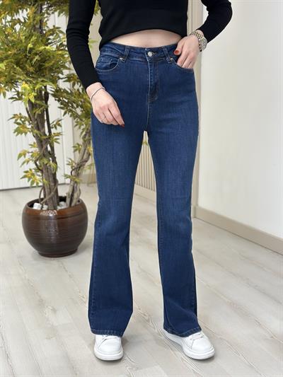 İspanyol Paça Likralı Yüksek Bel Jean Koyu Mavi