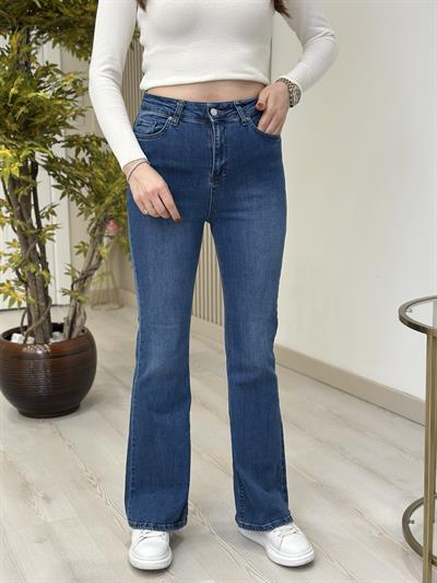 İspanyol Paça Likralı Yüksek Bel Jean  Mavi