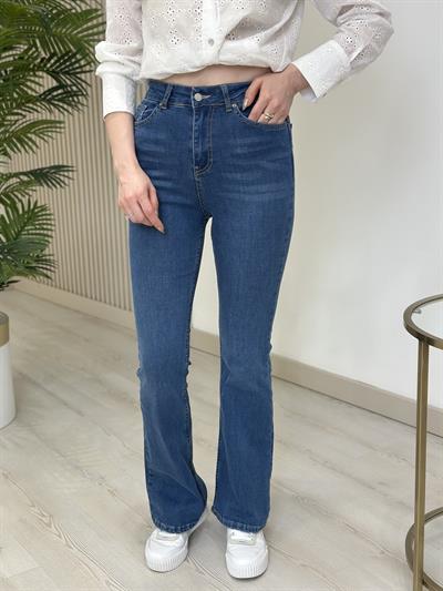 İspanyol Paça Yüksek Bel Likralı Jean Taşlanmış Mavi 