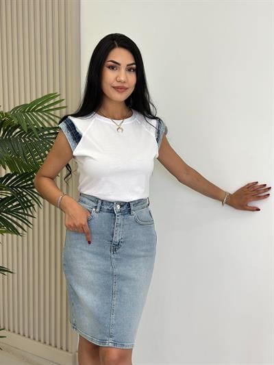 Jean Detaylı Tshirt Beyaz