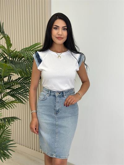 Jean Detaylı Tshirt Beyaz