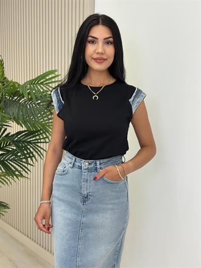 Jean Detaylı Tshirt Siyah