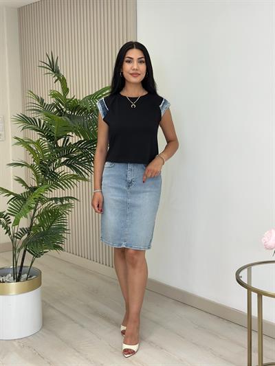Jean Detaylı Tshirt Siyah