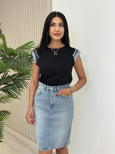 Jean Detaylı Tshirt Siyah