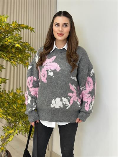 Kabartma Pembe Çiçekli Yumoş Premium Seri Kazak 