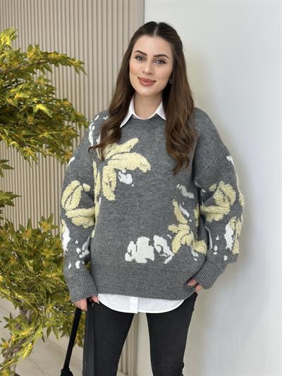 Kabartma Sarı Çiçekli Yumoş Premium Seri Kazak 