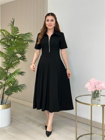 Kaçık Yaka Fermuar Detaylı Kloş Elbise Siyah