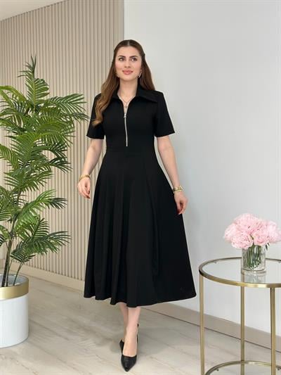 Kaçık Yaka Fermuar Detaylı Kloş Elbise Siyah