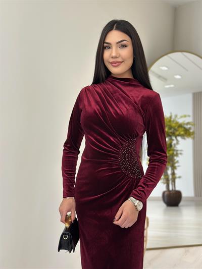 Kadife Beli Drapeli Taşlı Elbise Bordo