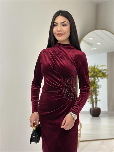 Kadife Beli Drapeli Taşlı Elbise Bordo