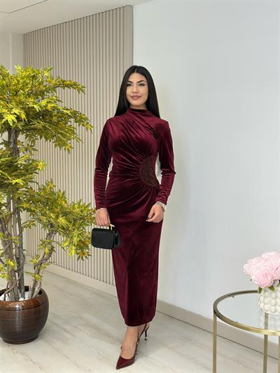 Kadife Beli Drapeli Taşlı Elbise Bordo