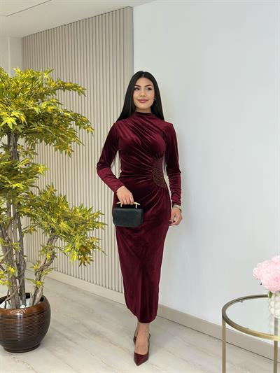 Kadife Beli Drapeli Taşlı Elbise Bordo