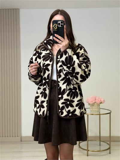 Kahve Çiçek Desenli Polar Sweatshirt