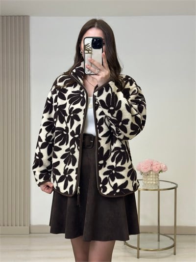 Kahve Çiçek Desenli Polar Sweatshirt