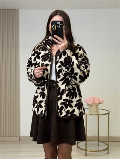 Kahve Çiçek Desenli Polar Sweatshirt
