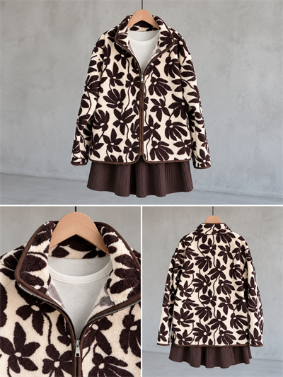 Kahve Çiçek Desenli Polar Sweatshirt