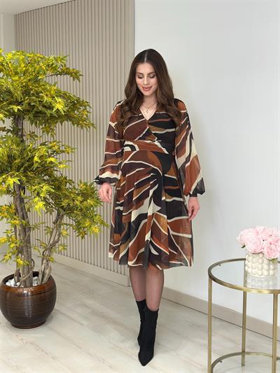 Kahve Desenli Kruvaze Yaka Tül Elbise