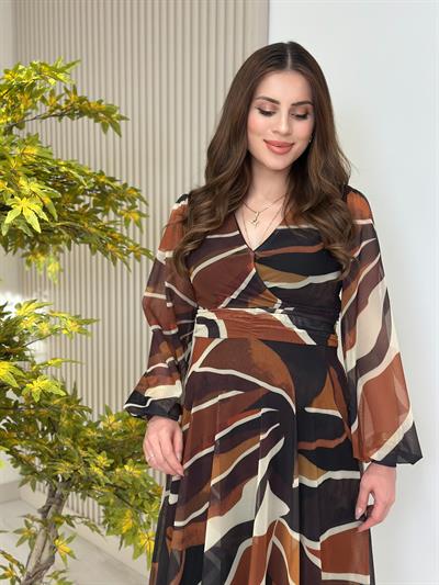 Kahve Desenli Kruvaze Yaka Tül Elbise