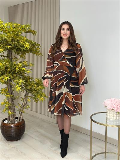 Kahve Desenli Kruvaze Yaka Tül Elbise