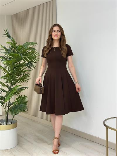Kahve Kısa Kol Midi Boy Kloş Elbise 