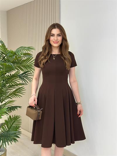 Kahve Kısa Kol Midi Boy Kloş Elbise 