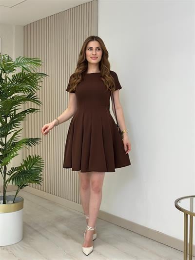 Kahve Kısa Kol Mini Kloş Elbise 