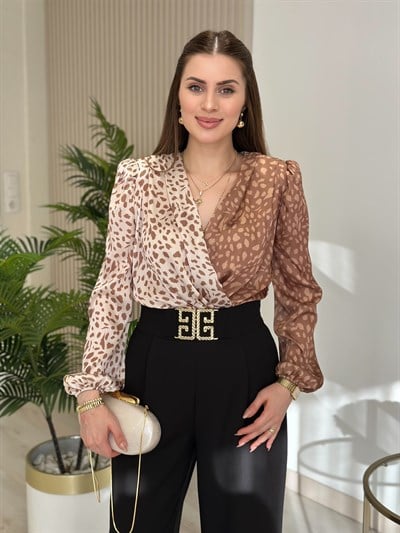 Kahve Leopar Desenli İpek Krep Bodysuit