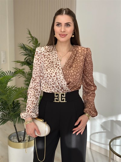 Kahve Leopar Desenli İpek Krep Bodysuit