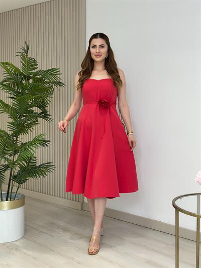 Kalp Yaka Çiçek Kuşaklı Atlas Kumaş Elbise Fuşya 