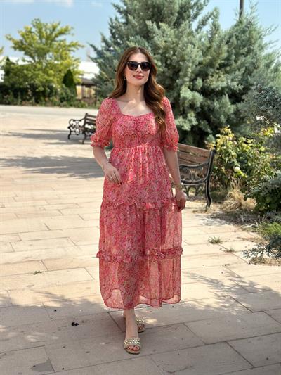 Kalp Yaka Gipeli Fırfırlı Şifon Elbise Pembe