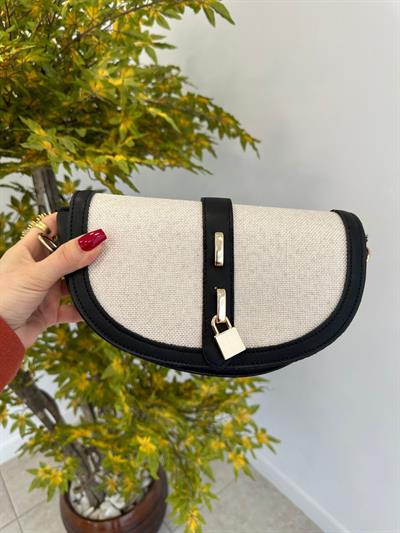 Kanvas Marka Muadili Çapraz Askılı Çanta Siyah Krem