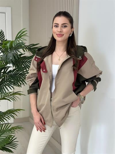 Kapşonlu Haki Bordo Geçişli Yağmurluk 