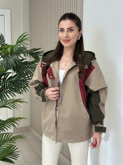 Kapşonlu Haki Bordo Geçişli Yağmurluk 