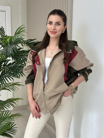 Kapşonlu Haki Bordo Geçişli Yağmurluk 