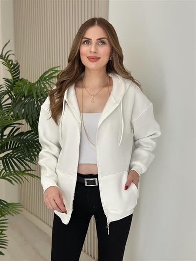 Kapşonlu İçi Şardonlu Basıc Sweat Beyaz