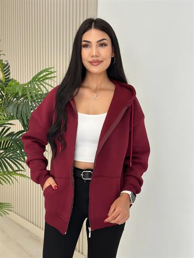Kapşonlu İçi Şardonlu Basıc Sweat Bordo