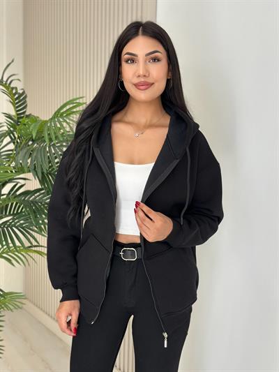 Kapşonlu İçi Şardonlu Basıc Sweat Siyah